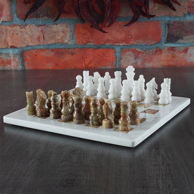  White and Green Onyx 12" High Quality Marble Chess Set