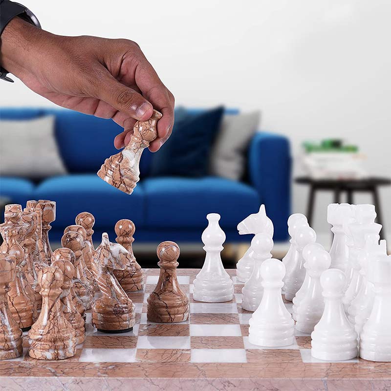 Marinara & White Natural Marble 15" Chess Game Set